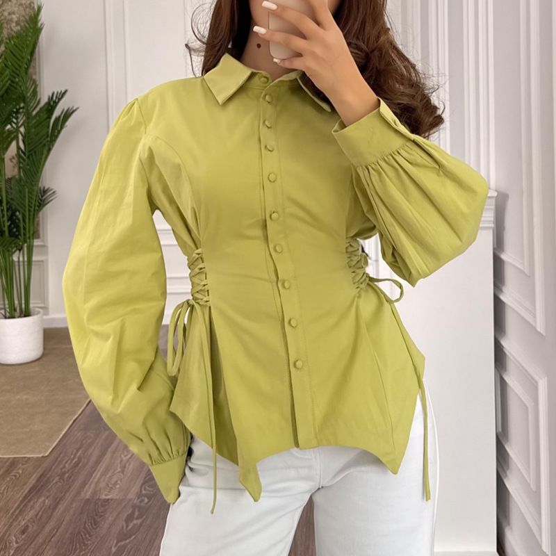Women's Sexy Pure Design Long Sleeve Shirt Top Tie Waist Solid Color Style Spring New_ecoleips.com