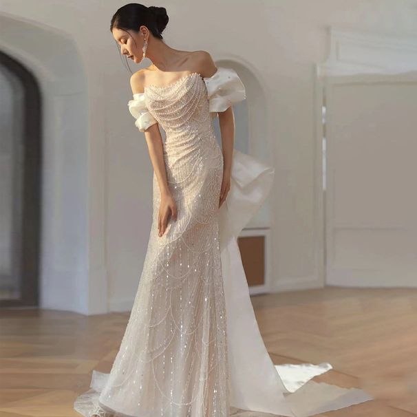 Elegant Luxurious Mermaid Silhouette off the Shoulder Bridal Gown Shimmering Lightweight High End Wedding Dress 2026 New Style_ecoleips.com