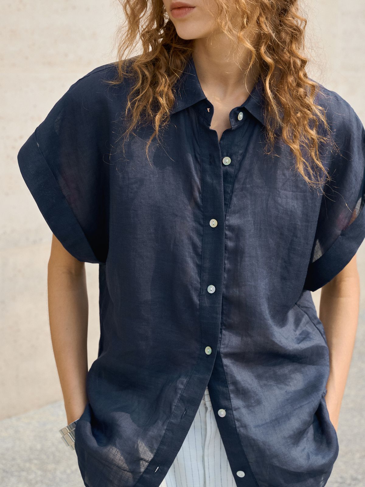 100% Ramie Short Sleeve Shirt For Women - Lightweight Breathable Oversized Poplin Shirt With Classic Collar, Airy Summer Top In Yellow, Navy, Beige_ecoleips.com