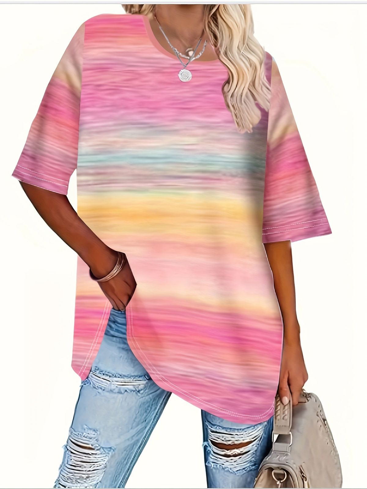 Crew Neck Short Sleeve Gradual Change Color 3D Digital Printing Loose Large Size Women's Top_ecoleips.com