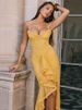 Mozision Ruffled Draped Ruched Sexy Maxi Dress For Women Yellow Spaghetti Strap Sleeveless Backless Club Party Sexy Long Dress_ecoleips.com