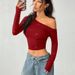 Women's Glitter Off-Shoulder Top Asymmetrical Long Sleeve Stretchy Knitted Fit Sexy Party Wear_ecoleips.com