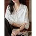 Moriirose White Collared Lace-Up Off-Shoulder Long-Sleeve Shirt For Women, Autumn French Retro Style Top_ecoleips.com