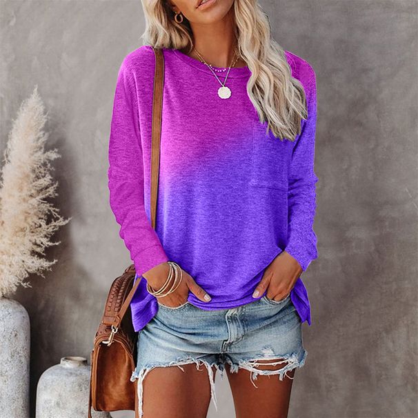 2025 Autumn And Winter Women's Round Neck Casual Tie Dye Printed Pocket Long Sleeved T-shirt For Women_ecoleips.com