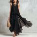 Elegant Black Chiffon Maxi Dress With Asymmetrical Hem, Sleeveless Bohemian Evening Dress For Women, Flowy A-Line Evening Gown_ecoleips.com