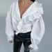 Autumn Women's Shirt With Deep V-Neck, Wooden Edge, Long Sleeves, Elegant And Fashionable, Patchwork Lace Lining_ecoleips.com