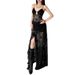 2025 Summer New Women's Clothing Sexy Pure Black Lace Hollow High Slit Dress_ecoleips.com