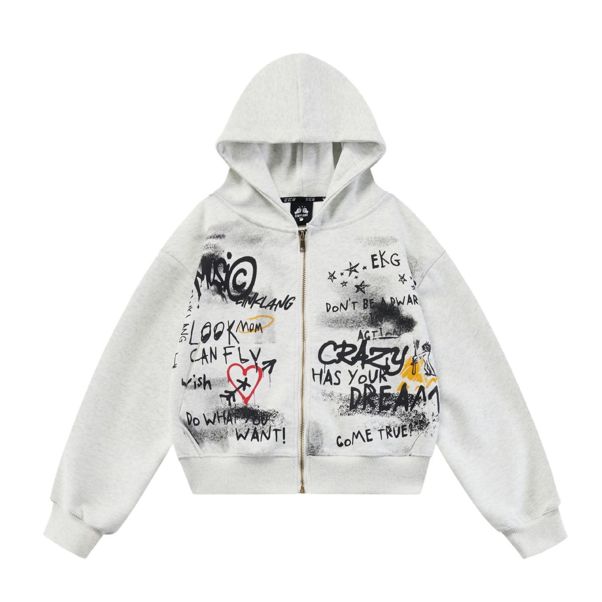 Women's American Retro Street Graffiti Print Hooded Cardigan Sweatshirt Loose Fit Versatile Outerwear Spring Autumn Style 2025_ecoleips.com