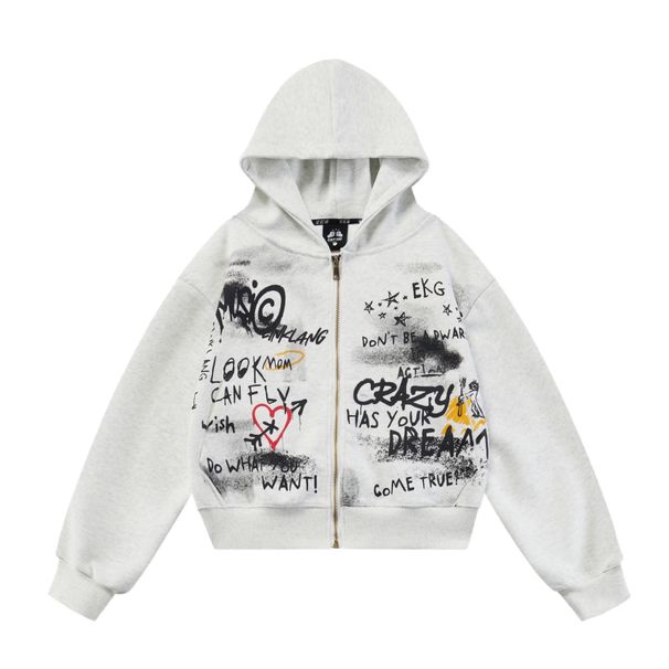 Women's American Retro Street Graffiti Print Hooded Cardigan Sweatshirt Loose Fit Versatile Outerwear Spring Autumn Style 2025_ecoleips.com