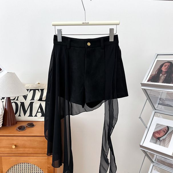 Women's High-Waisted Patchwork Ribbon Shorts Maillard Style Brown Slimming Casual Hot Pants for Autumn Winter Versatile_ecoleips.com