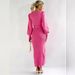 Women's Clothing Elegant Winter Knit Dress With Deep V-Neck & 3D Pattern - Slim Fit Long Sleeve High Waist Dress For Women (Deep Red/Bright Pink)_ecoleips.com