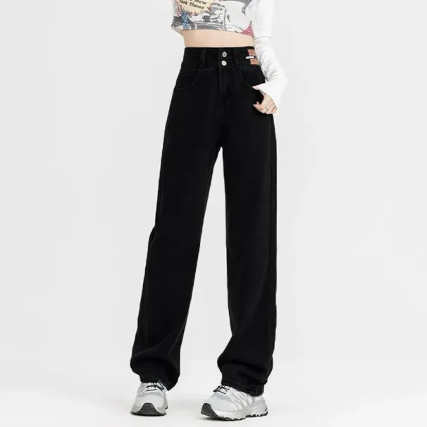 New Woman Korean Double Buckle Design Jeans Female Winter Snow Warm Thermal Plush Pants Girls Popular High Waist Denim Trousers_ecoleips.com