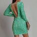 K Women's Round Neck Fashionable Long Sleeved Sequined Back V-neck Slim Fit Dress_ecoleips.com