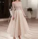 Beige Midi Evening Dress For Women Party Long Sleeve Illusion Neck Ankle Length Arabic Bridal Formal Gowns_ecoleips.com