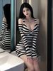 WOMENGAGA Nightclub Sexy Spicy Girl Stripe Design Long Sleeve Off Shoulder V-Neck Low Cut Short Tight Dress Elegant Sweet I3Z5_ecoleips.com
