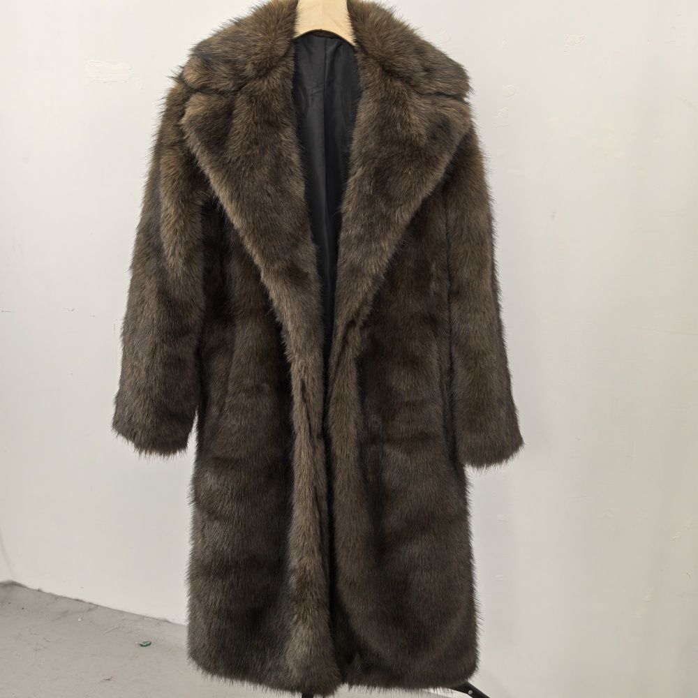 Women's High Quality Faux Fur Eco-Friendly Women's Long Faux Fur Coat Elegant Jacket Lapel Pockets_ecoleips.com