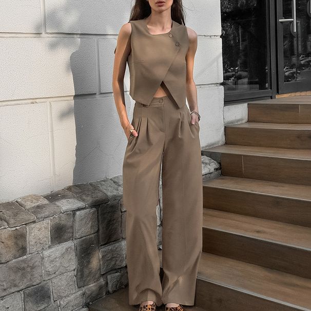 Women's Clothing Design Sense Fashion Vest High Waist Wide Leg Pants Two Piece Temperament Leisure Suit_ecoleips.com