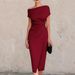 Women's Clothing Off The Shoulder Pleated Dress Fitted Waist Banquets Work Formal Wear Slit For Formal & Casual For Women_ecoleips.com