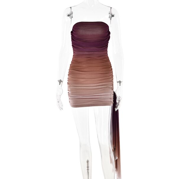 Sexy Strapless Mini Dress, Gradient Ombre Mesh Fabric, Delicate Ruched Detail, Skinny Bodycon Silhouette, Stylish Club Party Short Dress_ecoleips.com