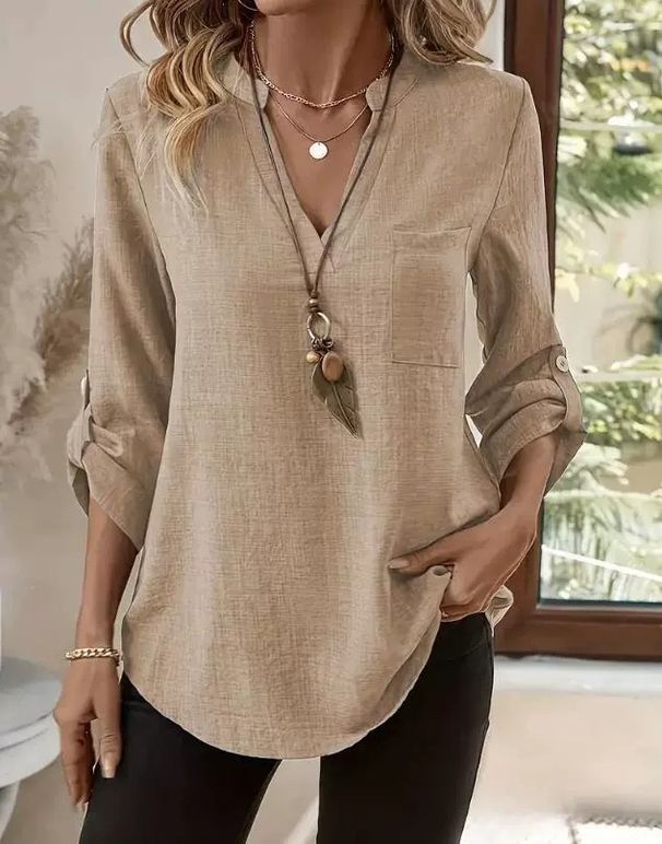 Women's Casual Loose V Neck Shirt Plus Size Solid Color Spring Summer American Style Top_ecoleips.com