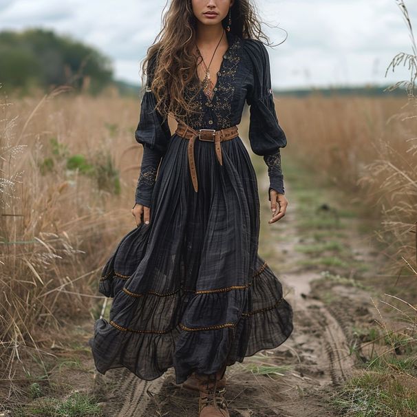 2025 Cro-Border European And American Bet-Selling Vintage V-Neck Women' Dre, Country Style Caual Long-Sleeve_ecoleips.com