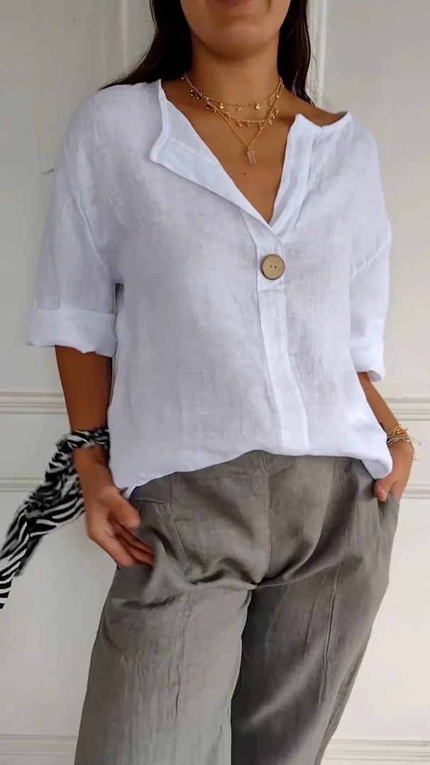 Breathable Linen-Blend V-Neck Tunic Top – Relaxed Fit Button-Down Shirt For Women, Short Sleeve (S-5xl, 7 Colors)_ecoleips.com