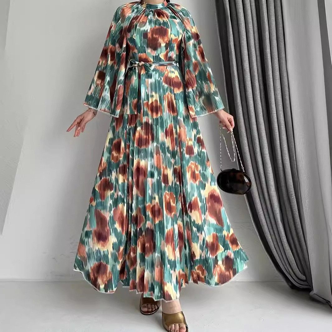 Muslim Women's Elegant Maxi Dress With Belt - Modest Long Sleeve Abstract Print Dress For Hijab Fashion, Office & Special Occasions_ecoleips.com