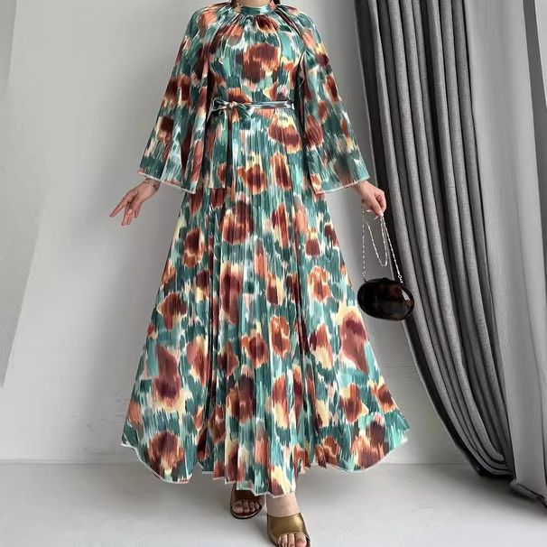 Muslim Women's Elegant Maxi Dress With Belt - Modest Long Sleeve Abstract Print Dress For Hijab Fashion, Office & Special Occasions_ecoleips.com