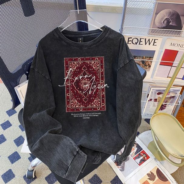 Unique Fashionable 100% Cotton Long Sleeve T-Shirt European And American Style Retro Oversized Versatile Top Trendy_ecoleips.com