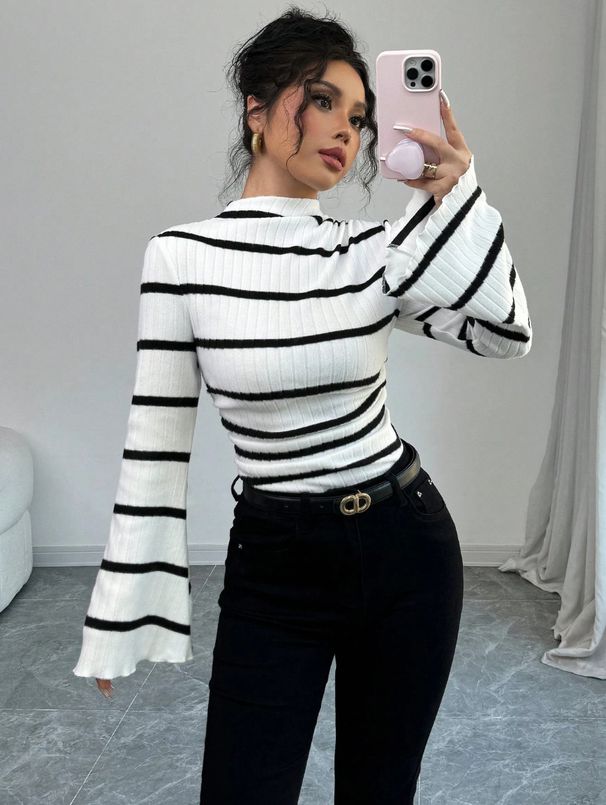 Women's Striped Knit Top - Stand Collar Long Sleeve Casual Shirt (Breathable Cotton, Spring Summer Essential, Comfort Fit)_ecoleips.com