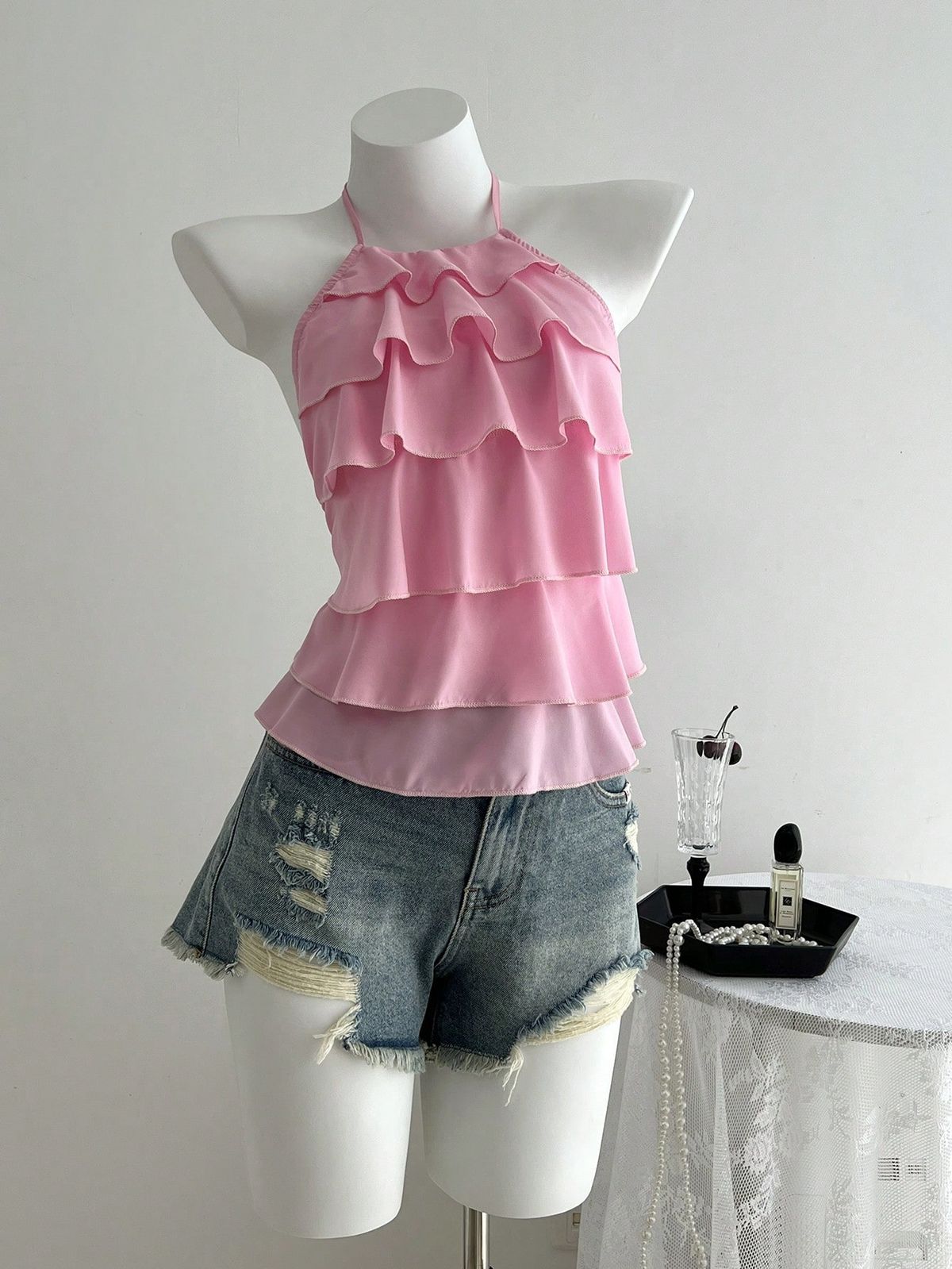 Women's Solid Color Halter Neck Top Sleeveless Backless Bow Layered Patchwork Unique Tie Waist Summer Top_ecoleips.com