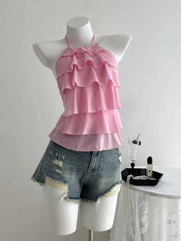 Women's Solid Color Halter Neck Top Sleeveless Backless Bow Layered Patchwork Unique Tie Waist Summer Top_ecoleips.com
