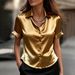 Elegant Satin Short Sleeve Blouse - Flowy V-Neck Womens Top With Floral Print, Breathable Polyester Blend, Versatile For Work & Casual_ecoleips.com