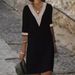 Women's Clothing Women's Style Solid Color V Neck Mid Sleeve Cotton Linen Casual Dresses Lace Trimmed For Formal & Casual_ecoleips.com