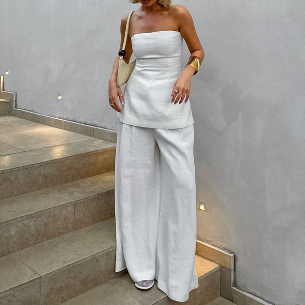Women's Strapless Crop Top & High-Waisted Wide-Leg Pants Set – 100% Cotton Elegant Office Wear (S-L, White)_ecoleips.com