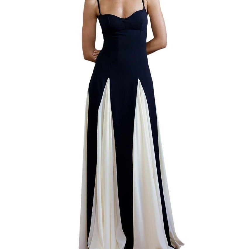 Women's French Color Block Halter Belted Flowy Maxi Dress – Elegant Evening Gown_ecoleips.com