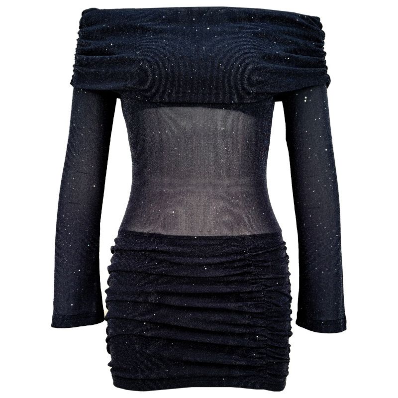 K European And American Style Women's Sexy Spicy Girl Temperament, One Shoulder Off Shoulder Semi Transparent Sparkling Tight Dress_ecoleips.com
