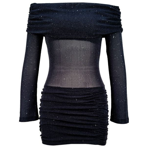 K European And American Style Women's Sexy Spicy Girl Temperament, One Shoulder Off Shoulder Semi Transparent Sparkling Tight Dress_ecoleips.com