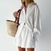 Hollow Jacquard Niche French Long Sleeve Suit Shirt 2025 Spring Summer New Shorts Casual Women's Fashion Design White_ecoleips.com