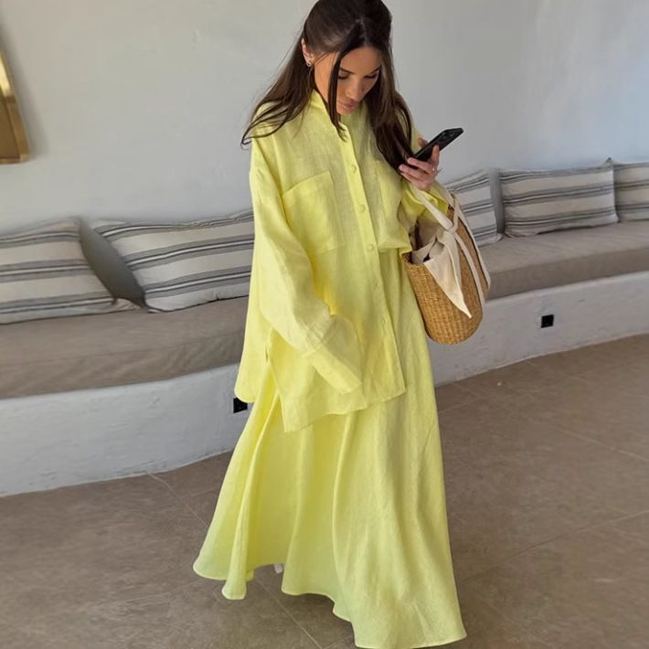 2025 Fashion Yellow Loose Long Sleeve Shirt + High Waist Skirt Set For Women_ecoleips.com