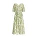 25 Summer French V-neck Fresh Green Printed Lantern Sleeve Waist-cinching Split Vacation Style Long Dress 15695_ecoleips.com