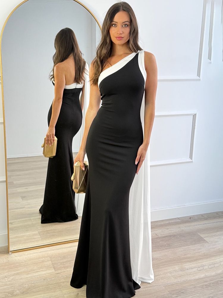 Blifanbo Diagonal Collar Ribbon Sexy Maxi Dress Women Elegant Bodycon Constrast Color Sleeveless Backless Club Party Long Dress_ecoleips.com