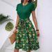 Cross-border European And American Fashion Trendy Round-neck Short-sleeve Color-blocked Waist-cinching Floral Print Midi_ecoleips.com