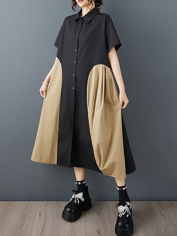 2026 Summer New Patchwork Vintage Shirt Dresses For Woman Short Sleeve Loose Casual Midi Femme Dress Fashion Elegant Clothing_ecoleips.com