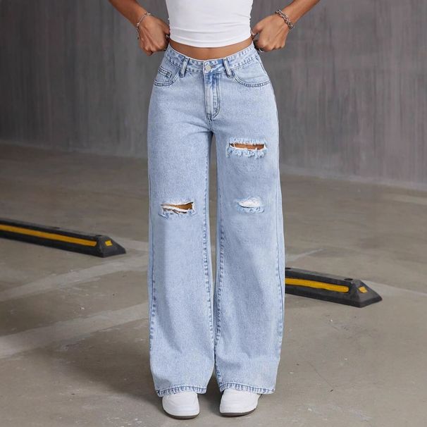 Women's High Street Ripped Straight Leg Jeans - Loose Fit Vintage Washed Denim Pants For Casual & Everyday Wear_ecoleips.com