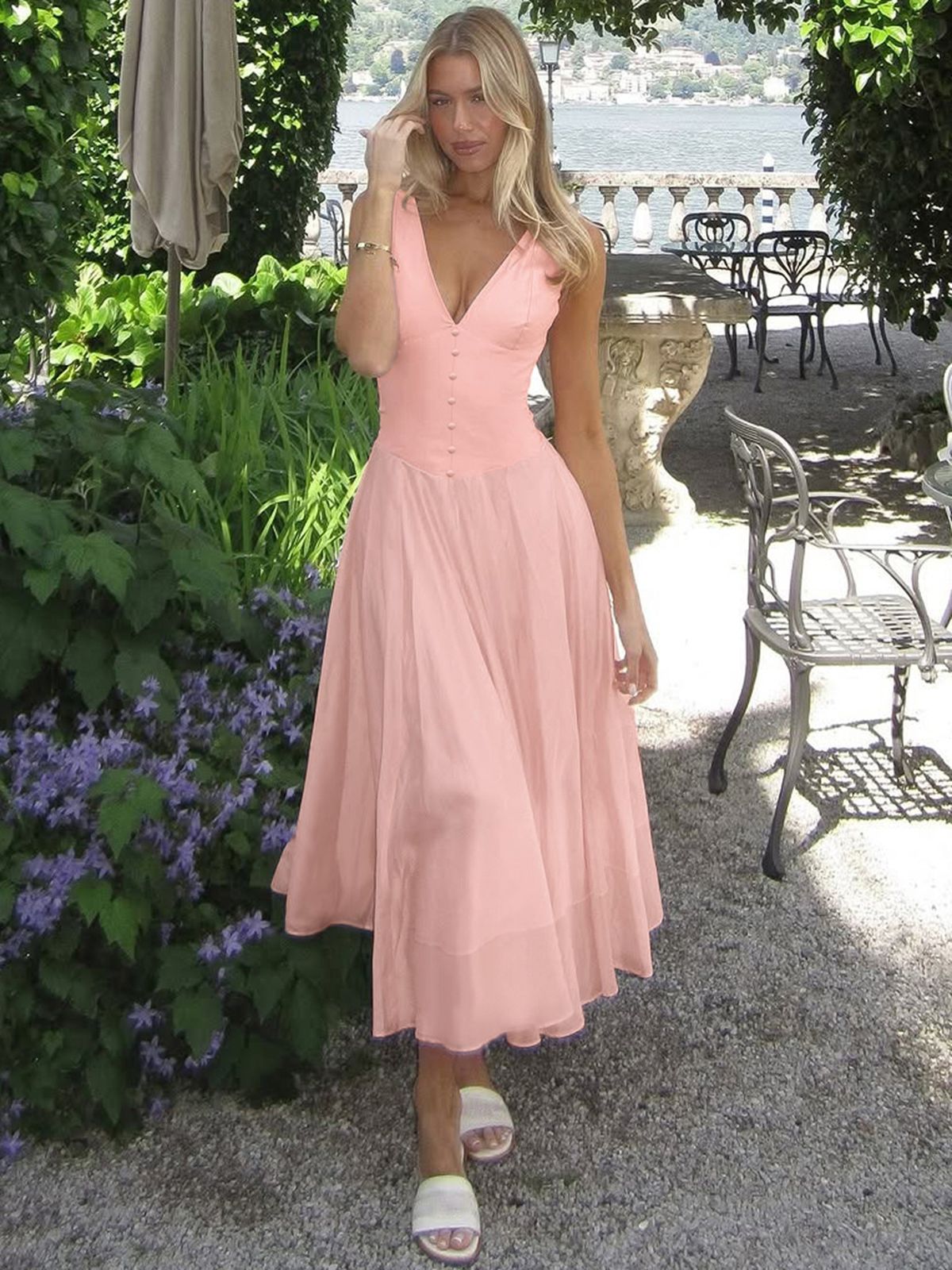 Hugcitar Elegant V Neck Solid Straps Buttons Backless Frill Sexy Maxi Dress Zipper Patchwork Summer Women Outfit Party Festival_ecoleips.com