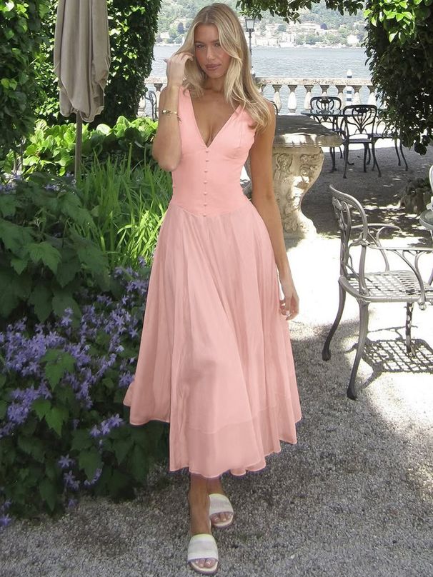 Hugcitar Elegant V Neck Solid Straps Buttons Backless Frill Sexy Maxi Dress Zipper Patchwork Summer Women Outfit Party Festival_ecoleips.com