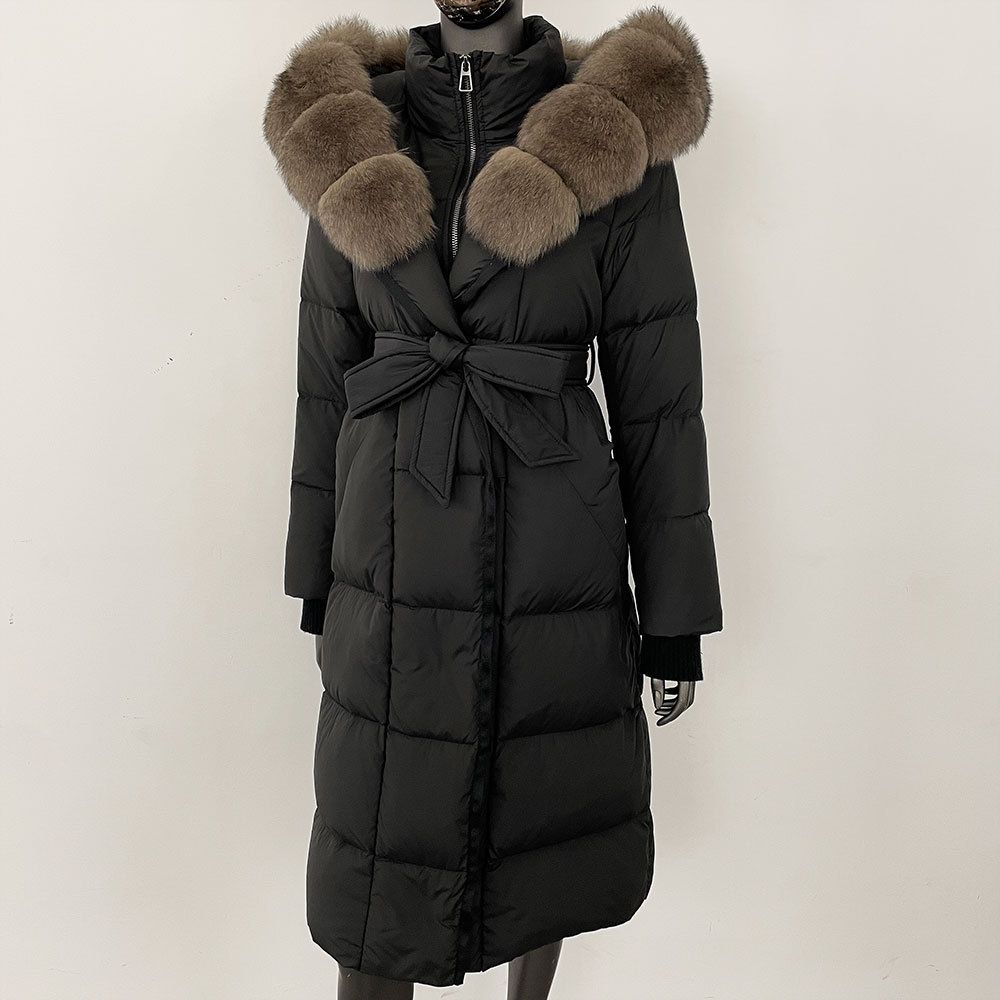 Fox Fur Large Collar Down Jacket With Hood And Long Style For Winter, Slim Waist And Knee Length Thickened Women's Coat_ecoleips.com