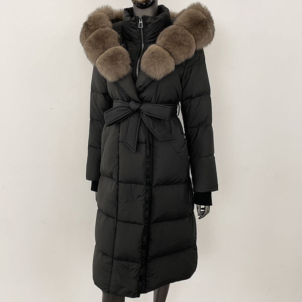 Fox Fur Large Collar Down Jacket With Hood And Long Style For Winter, Slim Waist And Knee Length Thickened Women's Coat_ecoleips.com