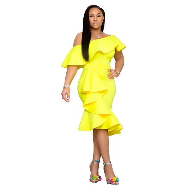 Women's Clothing fashion sexy oblique collar wrapped chest lotus leaf collar irregular banquet dress _ecoleips.com